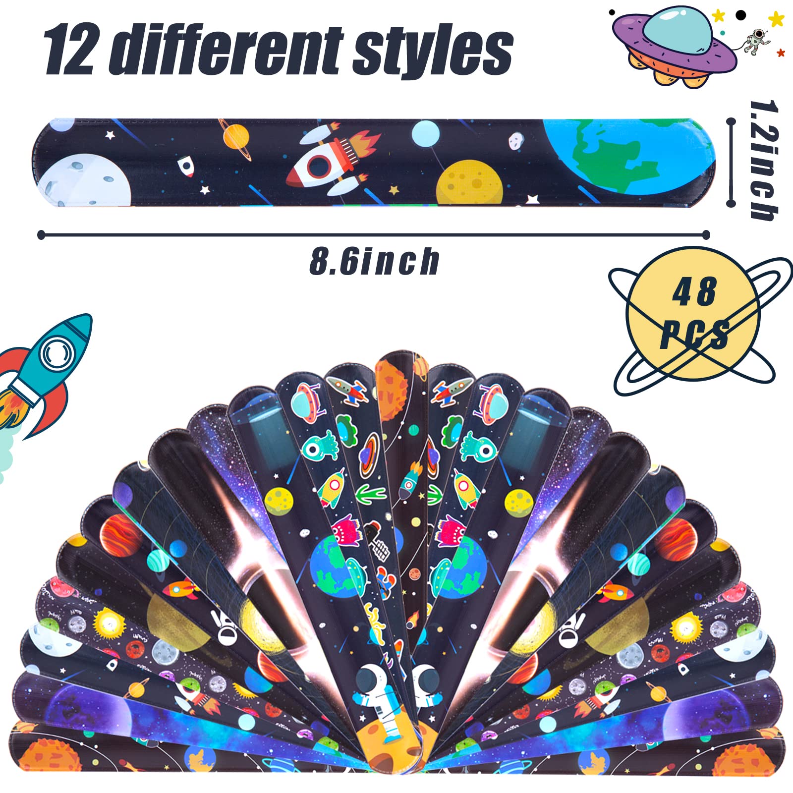MCPINKY Slap Bracelets, 48PCS Kids Slap Wristbands with UFO Astronaut Space Stars Pattern Snap Bracelets for Party Favor New Year Gifts School Classroom Prize Exchange