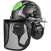 GREEN DEVIL Industrial Chainsaw Helmet with Face Shield Built in Visor and Ear Muffs 4 in 1 System ANSI Z89.1 Safety Hard Hat Adjustable Headgear Ideal for Forestry and Arborist Work Full Brim Style