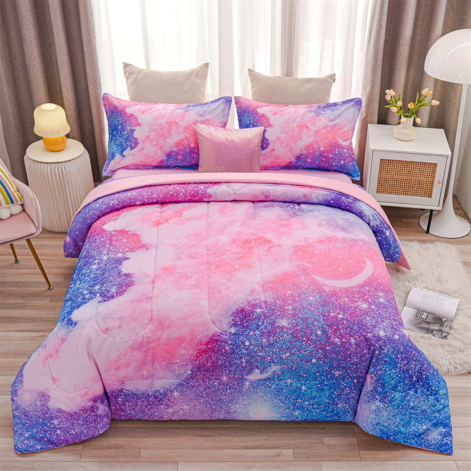 Photo 1 of A Nice Night Galaxy Bedding Sets Outer Space Comforter 3D Printed Space Quilt Set Queen 6Pcs Glitter Pink,for Children Boy Girl Teen Kids