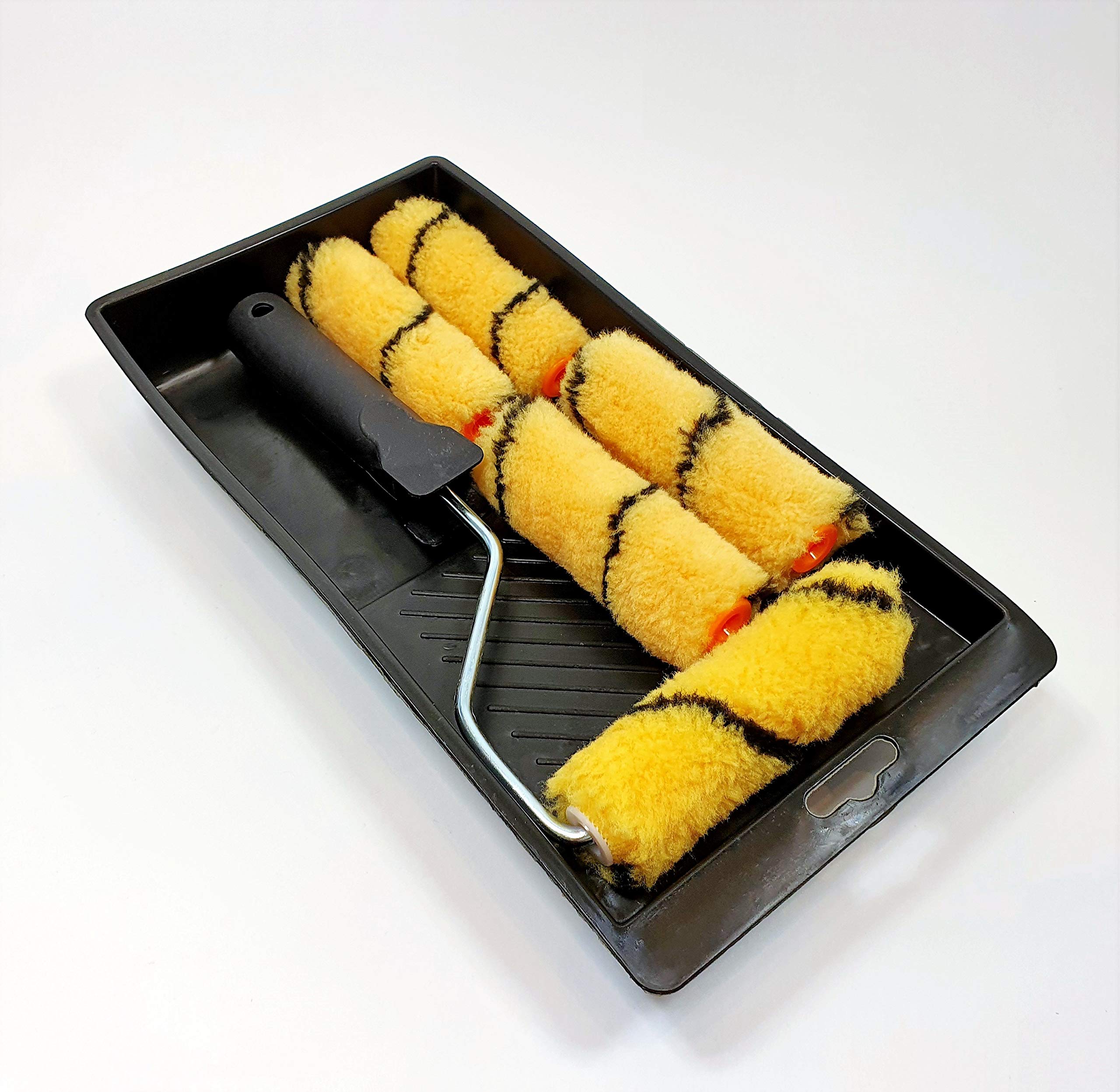 Paint Roller 4-Inch Kit with Tray, for Painting Walls, Ceilings, Door, Frames, Edging and Applying Varnish. 4" 5 x Rolls and Paint Tray Set. (Medium Pile Roller 4")