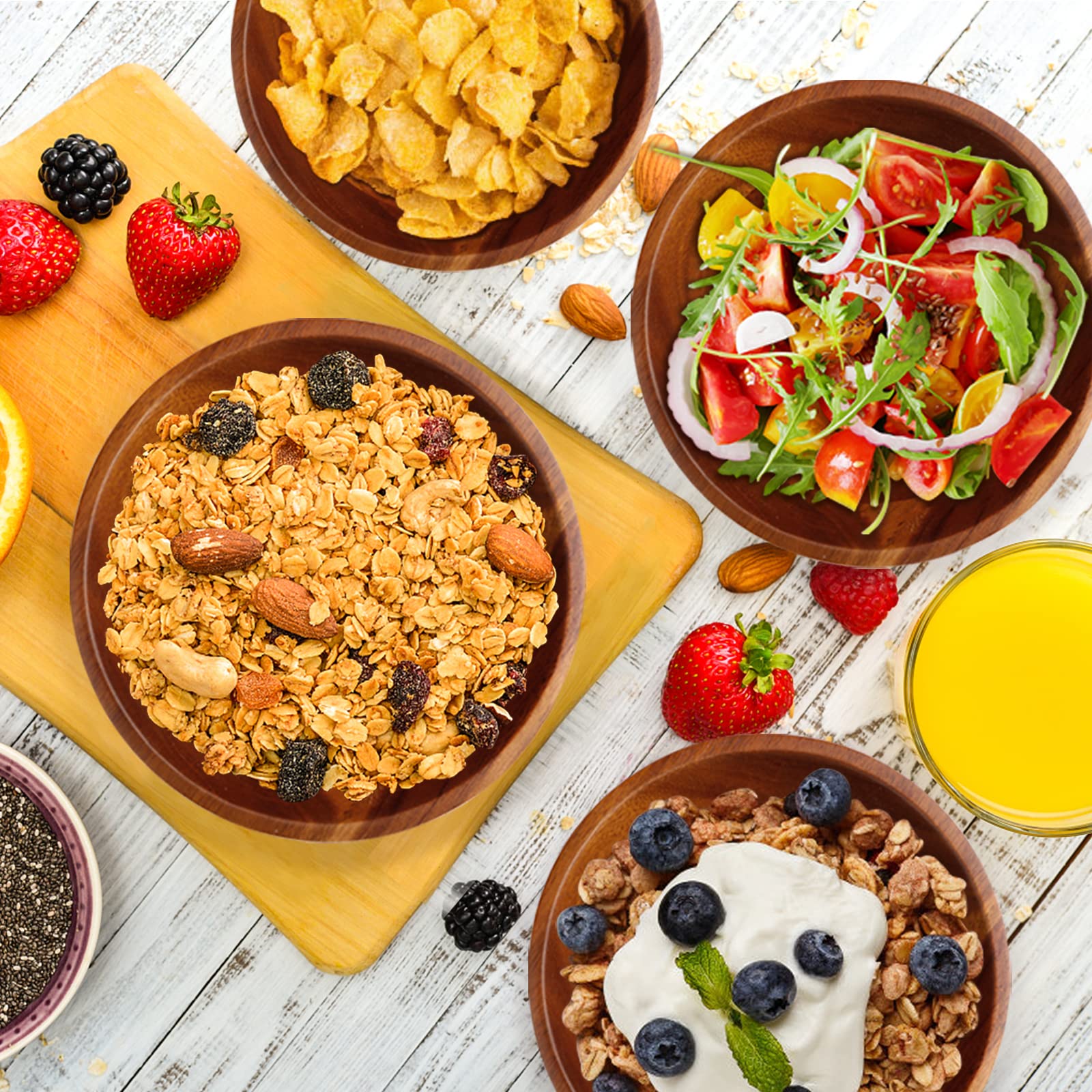 AIDEA Acacia Wooden Serving Bowls, 7 Inch Set of 4 for Salad, Soup, Noodle and More - Image 3