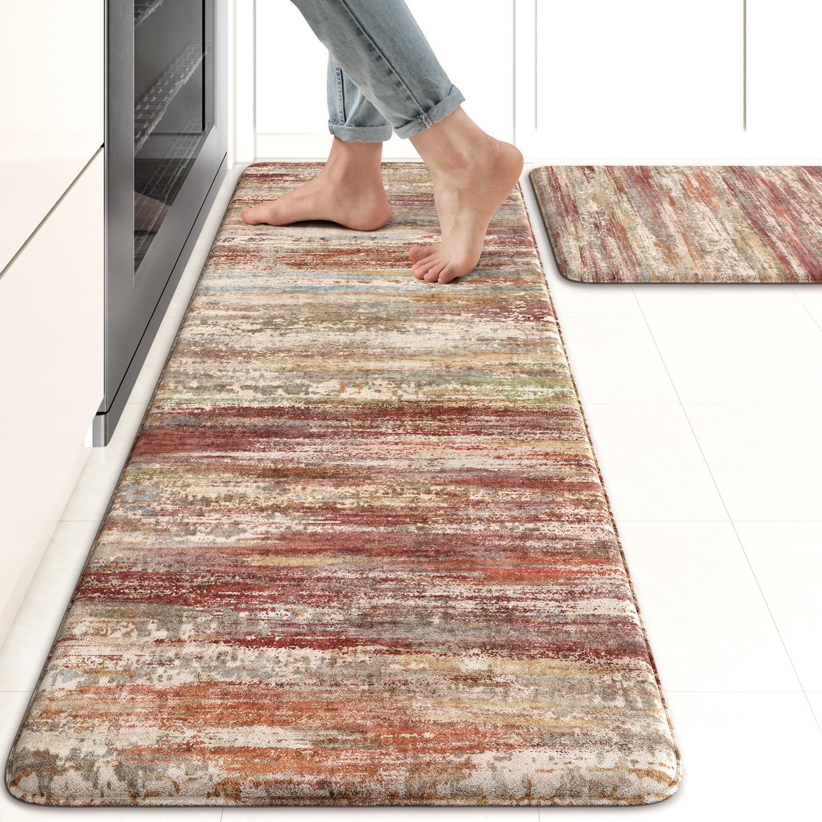 Photo 1 of KIMODE Anti Fatigue Kitchen Mats, Farmhouse Kitchen Rugs Sets of 2, Non Slip Kitchen Mats for Floor, Cushioned Kitchen Floor Mats for Sink Laundry Office Desk Red Brown 17"x47"+17"x29"