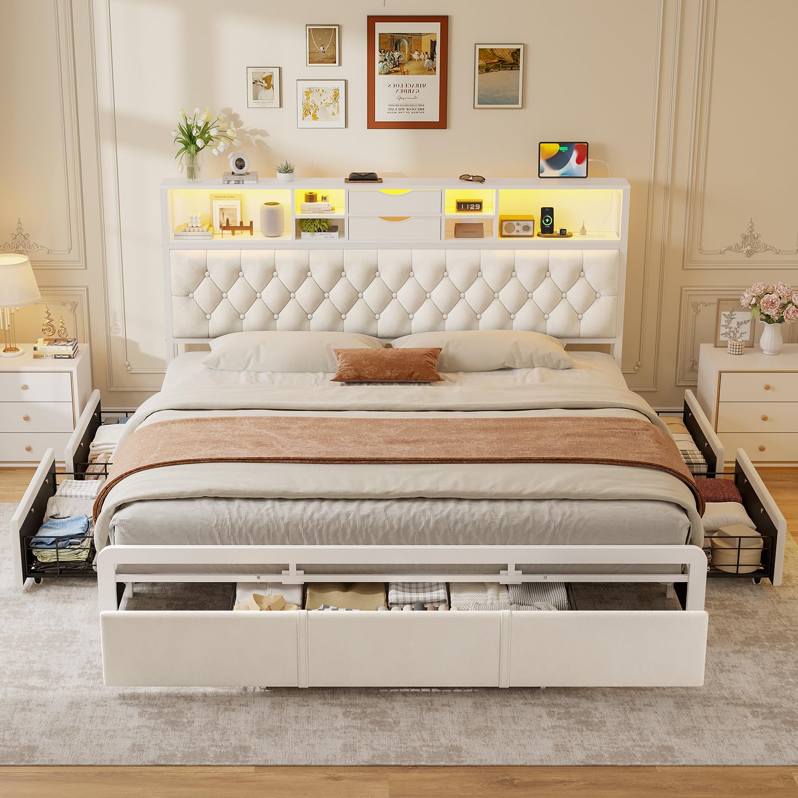 BTHFST Modern King Bed Frame with 5 Drawers & 2-Tier Storage Headboard ...
