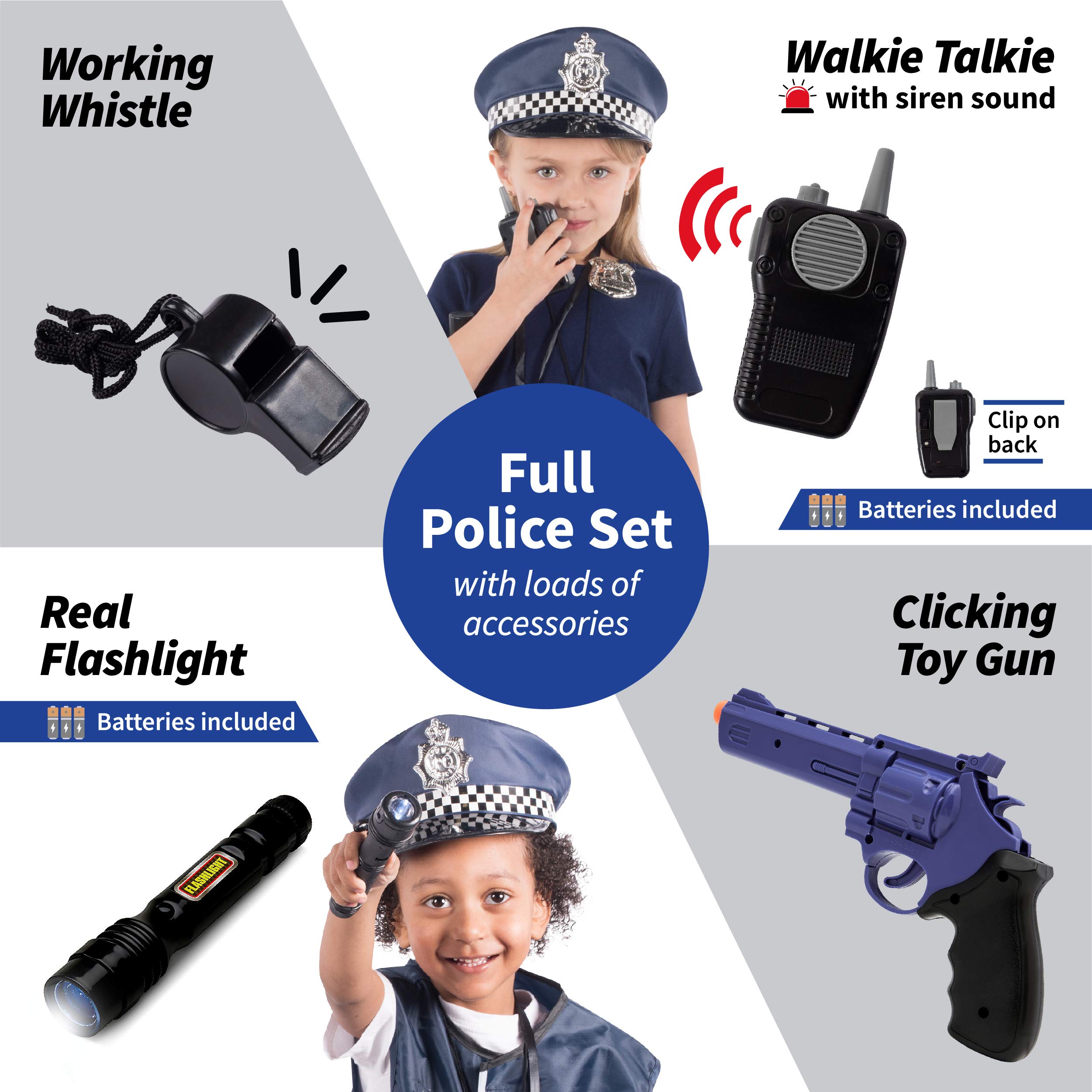 Born Toys Kids Fireman and Policeman Role Play Costume Set, Firefighter Suit, Police Vest, Hats, Accessories