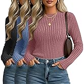 Velvelhall 3 Pack Women's Fitted Ribbed Sweaters Tops, Long Sleeve Crew Neck Slim Fit Thermal Fall Winter Base Sweater
