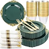 Nervure 175PCS Green Plastic Plates - Disposable Green Gold Party Plates & Pre Rolled Napkins with Cutlery for 25 Guests, 50Plates, 75Silverware, 25Cups, 25Napkin for Wedding & Party