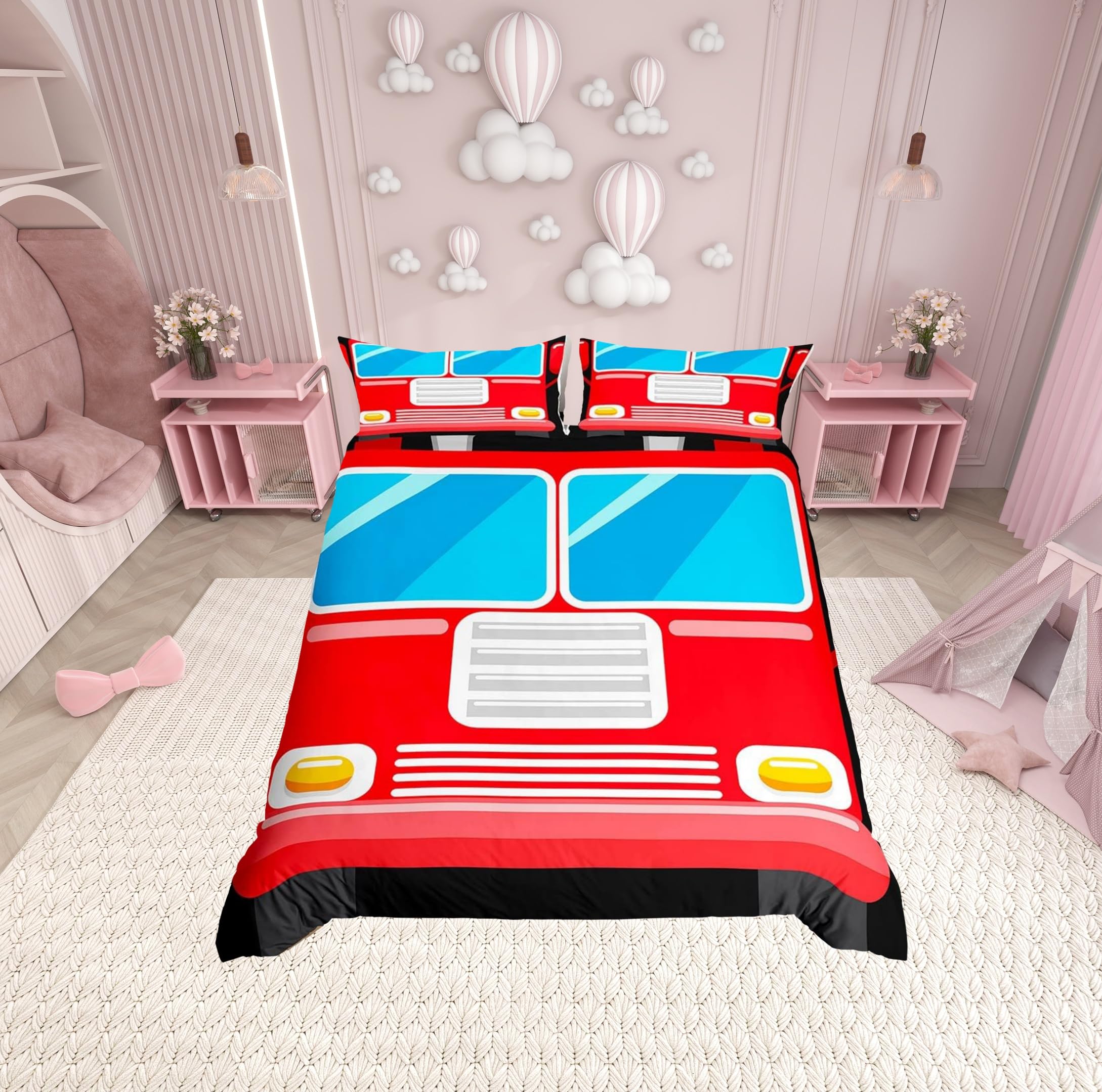 Cartoon Red Fire Engine Bedding Set Single Size,Firefighter Fireman Car Print Duvet Cover for Kids Boys Bed Comforter Cover Set,Fire Engine Vehicle Bedding Quilt Cover Set Decorative 2 Pieces