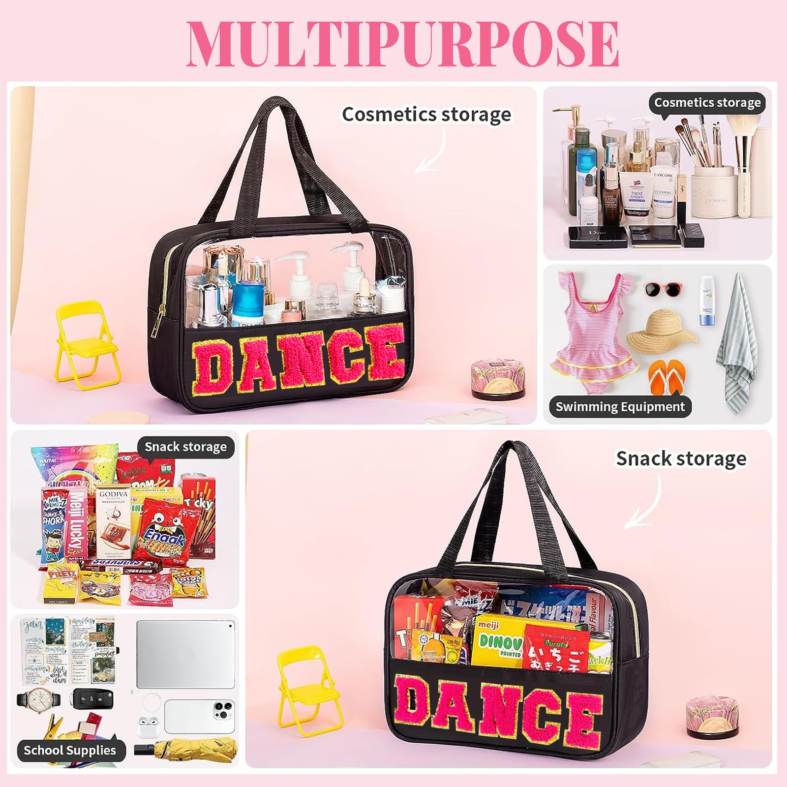Chenille Letter Bags for Dance Recital Gifts Clear Ballet Dance Makeup Bag with Handle and Zipper Waterproof Nylon Portable Toiletry Bag, Dance Competition Must Haves