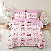 Nesker 7 Pcs Comforter Set Full Size, Pink Bow Bedding Set for Kids and Adults, Cute Cherry Girly Bed Sheet Sets with Fitted Sheet 2 Pillowcases & 2 Shams