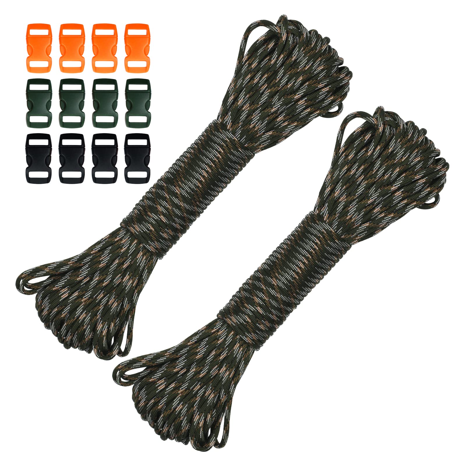 60M 550lb Paracord Rope 4mm Heavy Duty 7 Strand Nylon Cord Tent Rope Cord with 12 Plastic Buckles for Camping Hand Crafting (Camouflage, 4mm * 60M)