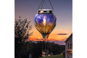 pearlstar Hot Air Balloon Solar Lantern with Flickering Flame Light, Outdoor Solar Hanging Lights Waterproof for Garden Yard Patio Farmhouse Decoration,Stained Glass Blue