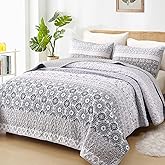 WONGS BEDDING Boho Quilt Set Queen Size,Grayish Blue Bohemian Striped Patchwork Bedspread Set,3 Pieces Microfiber Bedding Set for All Seasons (96"x90")