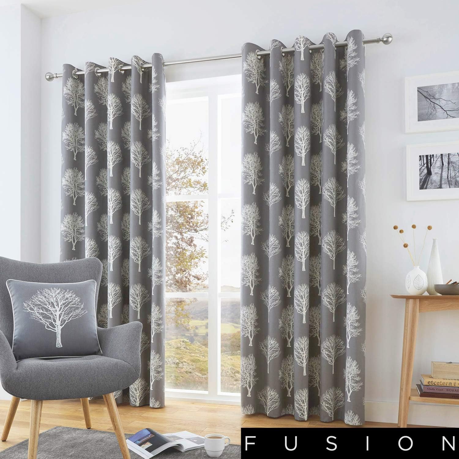 Fusion Woodland Trees 100 Cotton Pair of Eyelet Curtains 90
