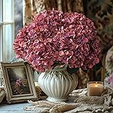 Uqueeten Artificial Flower Fake Silk Hydrangea Heads Bouquet with Stems Bulk for Fall Decoration Table Center Christmas Indoor Outdoor Faux Floral Realistic with Leaves Plants Crafts 8PCS(Rose red)