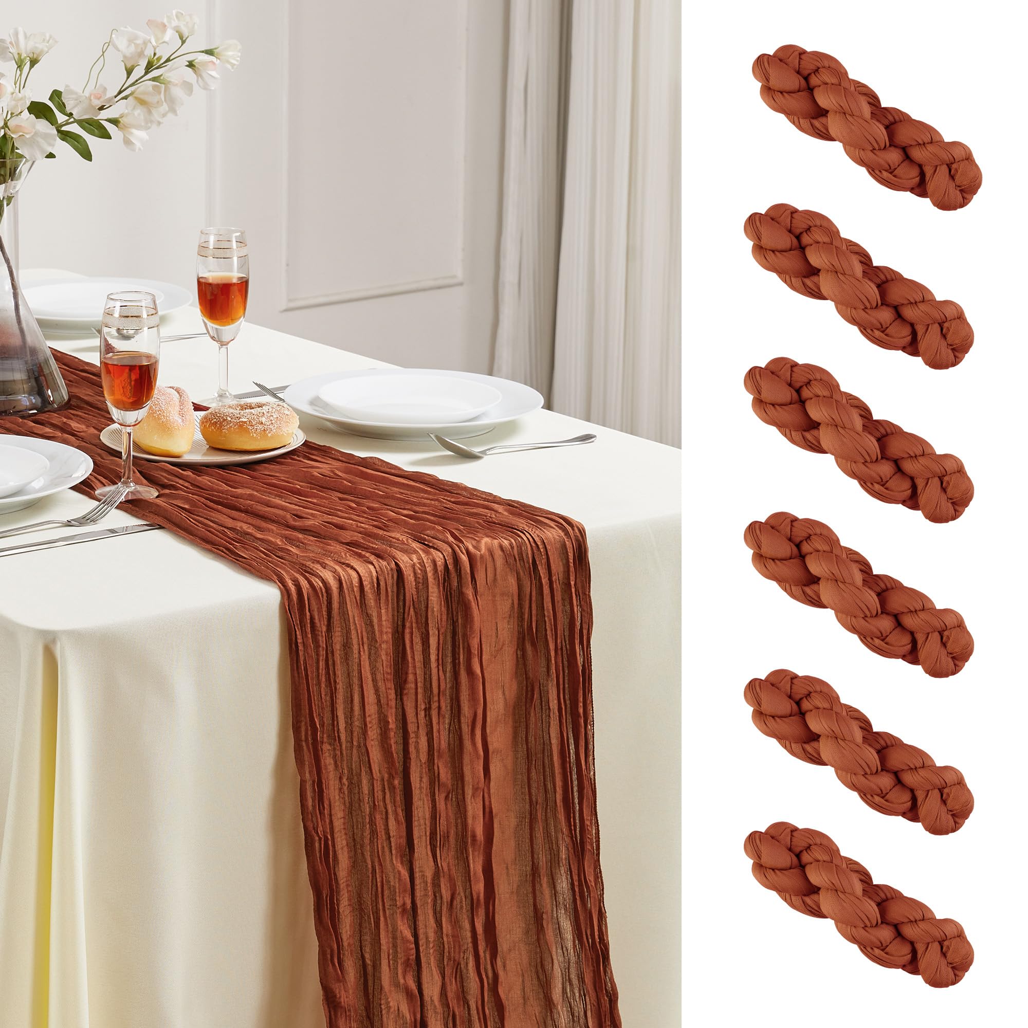 6 Pack Terracotta Cheesecloth Table Runner 10FT Long Boho Gauze Table Runner Rustic Sheer Runner for Spring Wedding Bridal Baby Shower Birthday Party Table Decor Home Thanksgiving Decor Image