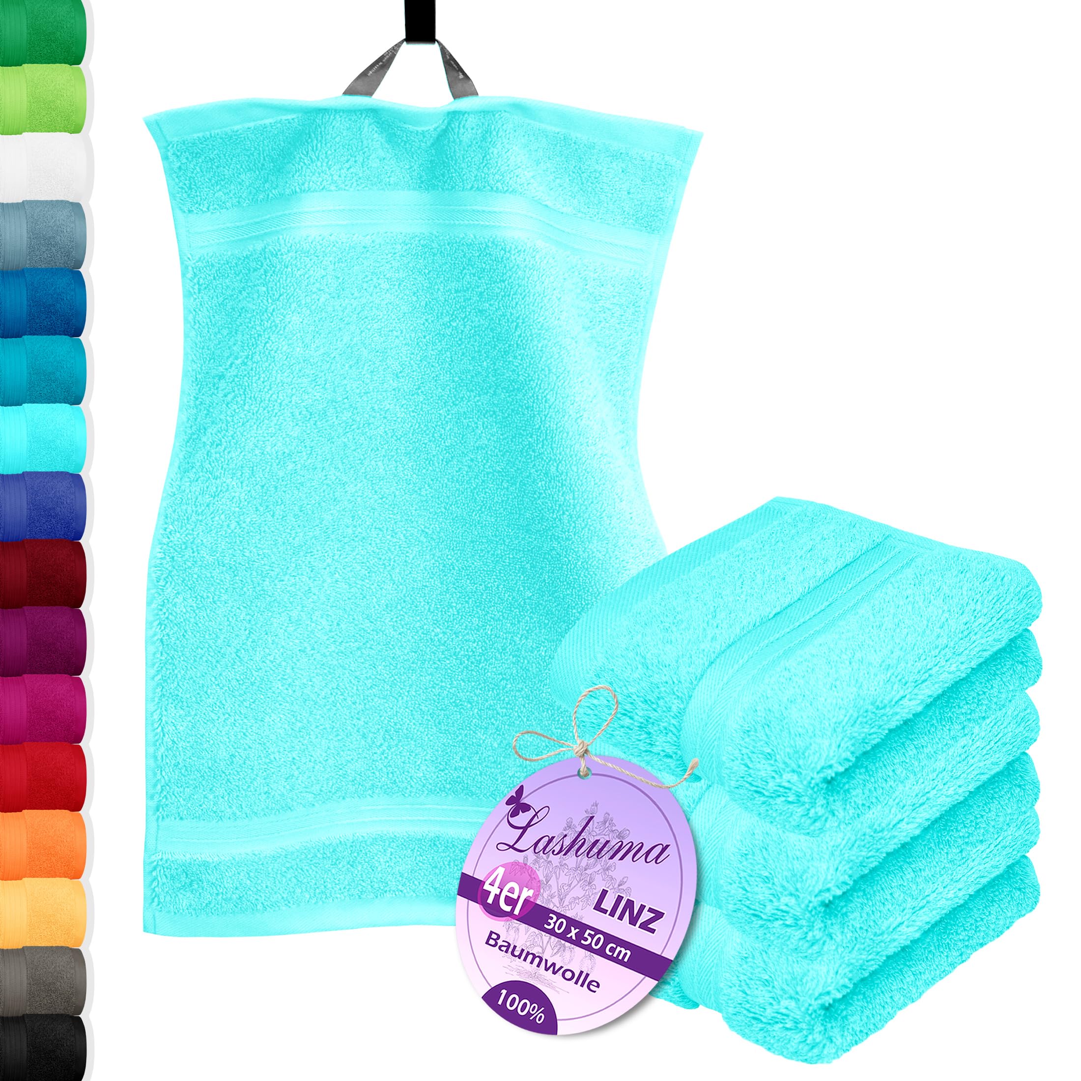 Lashuma® Towel Series – Available in 16 Colours and 6 SizesFace Cloth/Guest Towel/Hand Towel, Bath Towel, Shower Towel/Sauna Towel, 100% Cotton, turquoise, 4er 30x50 cm