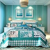 Djoymock Beach Quilt Set Queen Size 3 Piece,Summer Coastal Bedspread Coverlet Lightweight Green Ocean Theme Plaid Patchwork Bedding Set with Shams,Reversible Microfiber Comforter Set for All Season