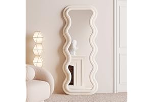 BOJOY Full Length Mirror 63"x24", Irregular Wavy for Standing Hanging or Leaning Against Wall for Bedroom, Flannel Wrapped Wooden Frame-White