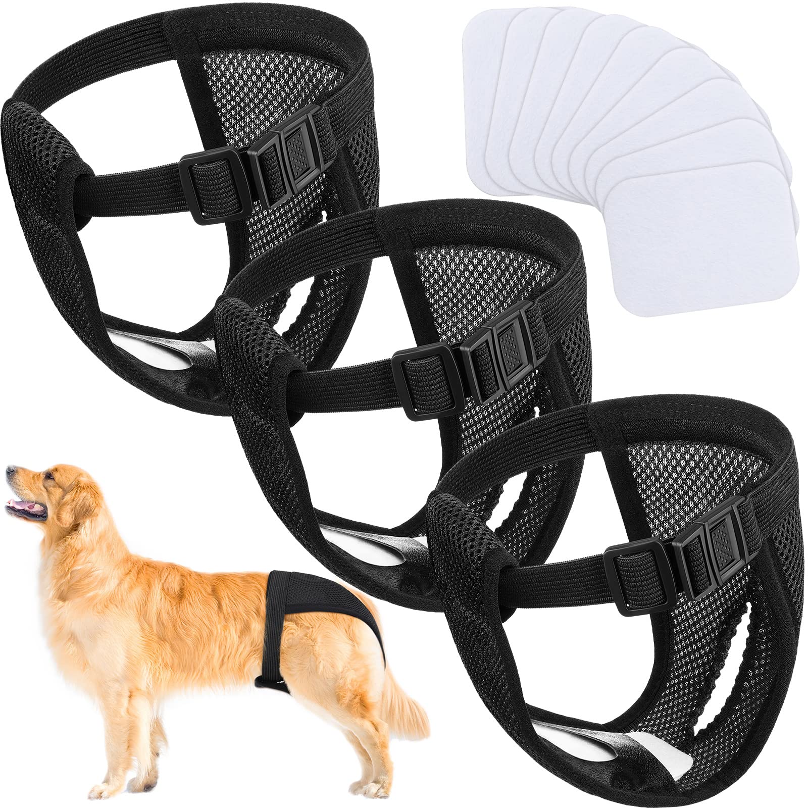 3 Pack Dog Season Pants Dog Nappies with 9 Sanitary Pad Washable Protective Trousers for Female puppy in Heat Monthly Bleeding Washable Protective Pants, Black(X-Large)