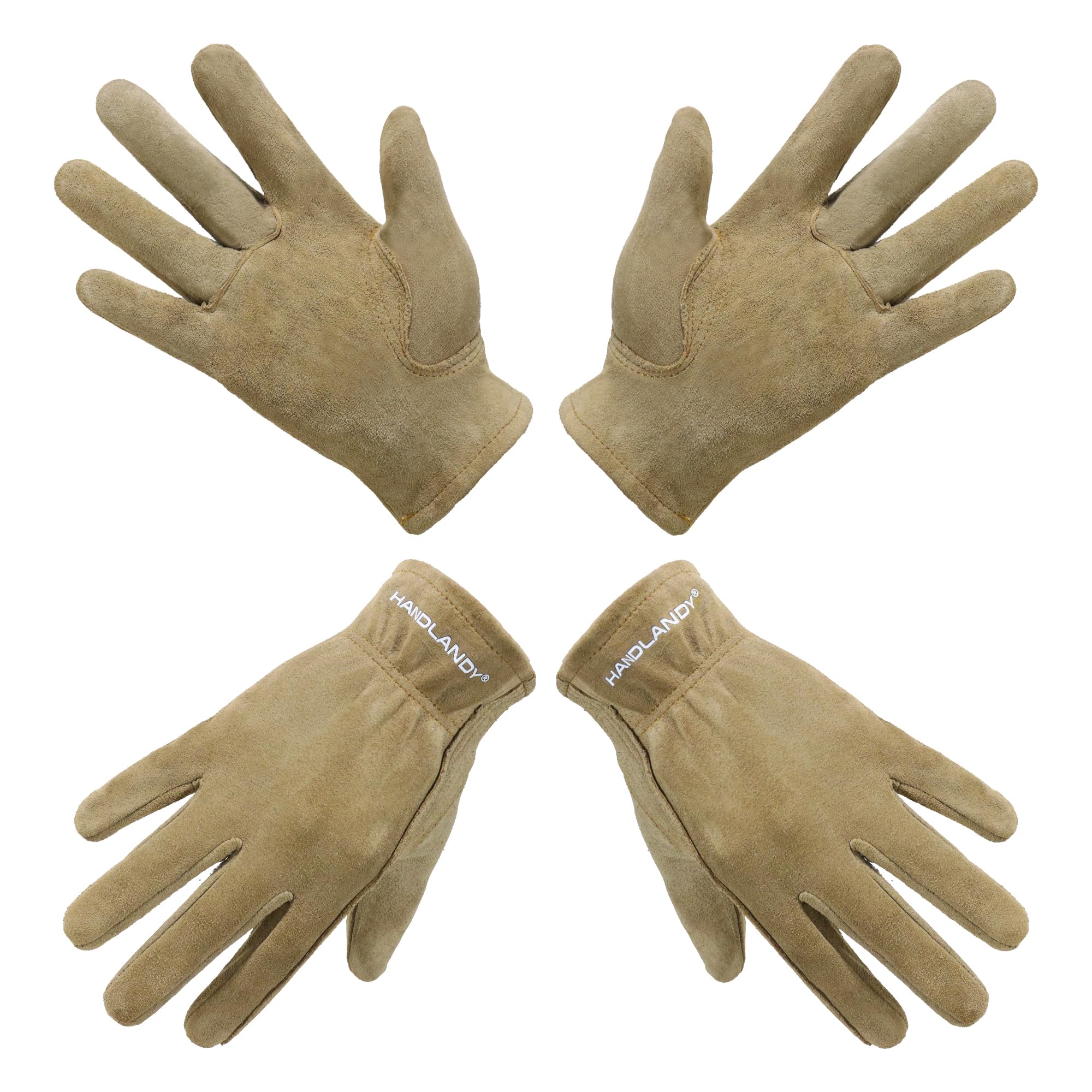 HANDLANDY 2 Pairs Kids Genuine Leather Work Gloves for ages 3-11, Children Gardening Gloves for Boys, Girls (S, for age 2-4, Khaki)