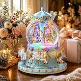 Blue Carousel Snow Globe Music Box with LED Lights, Rotating Horse Merry Go Round, Wind Up Musical Snow Globe Plays You are My Sunshine, Gift for Daughter Granddaughter Mom Women