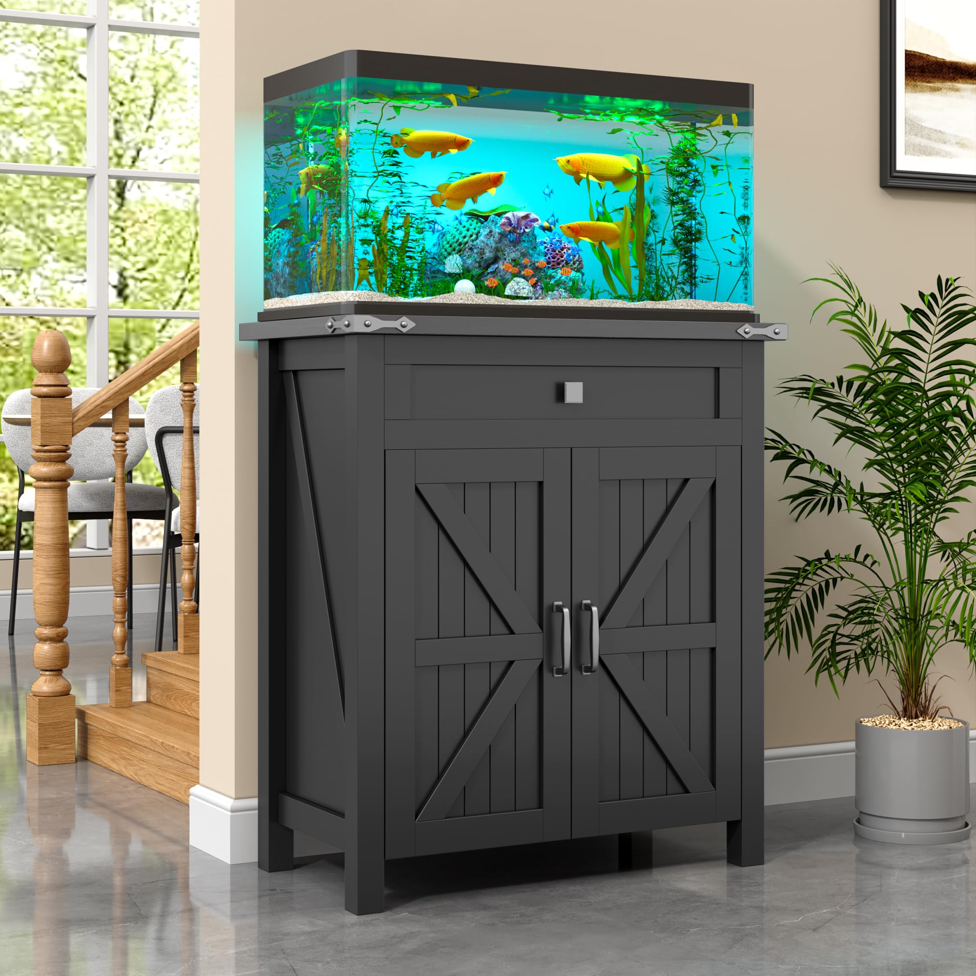 Photo 1 of  kepptory 20 Gallon Fish Tank Stand with Power Outlets, Farmhouse Decorative Aquarium Stand Furniture with Adjustable Shelves and Storage Cabinet, 10 Reptile Turtle Tank Stand (Black, 20GL)