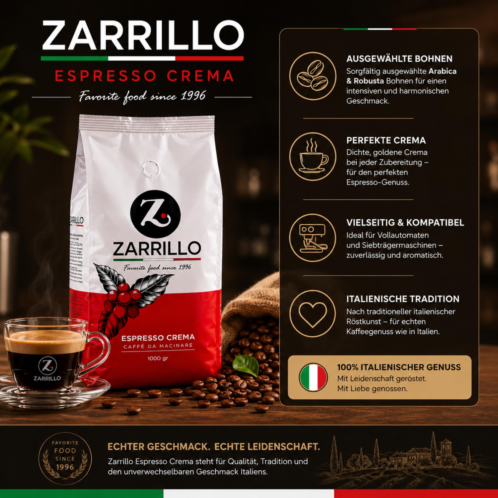 ZARRILLO Italienische Espresso Kaffeebohnen, Arabica und Robusta, für Vollautomaten & Siebträgermaschinen, Kräftige Crema, Mittlere Röstung (1 kg (1er Pack)) 5