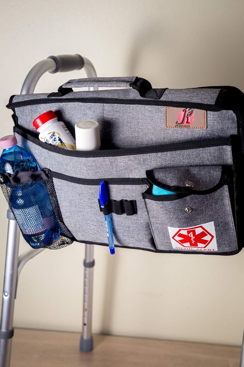Premium Quality Walker Bag(Double-Sided) with Cup Holder for Walker by P&F | Deluxe Walker Accessories | Attachments Pouch for Rollator or Folding Walker (Gray): Health & Personal Care