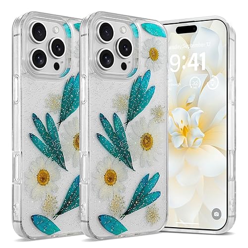 rongki Floral Case for iPhone 16 Pro Max Clear Case with Real Dried Flower Patterns, Glitter Cute Flowers Design for Women Girls Slim Soft Edge Shockproof Phone Cover for iPhone 16 ProMax,Peacock Blue