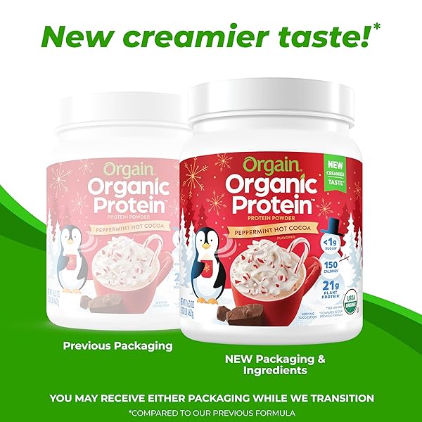 ORGAIN ORGANIC VEGAN PROTEIN POWDER, PEPPERMINT HOT COCOA HOLIDAY FLAVOR – 21G OF PLANT PROTEIN, 5G PREBIOTIC FIBER, NO LACTOSE INGREDIENTS, NO ADDED SUGAR, NON-GMO, FOR SHAKES & SMOOTHIES, 1.02 LB