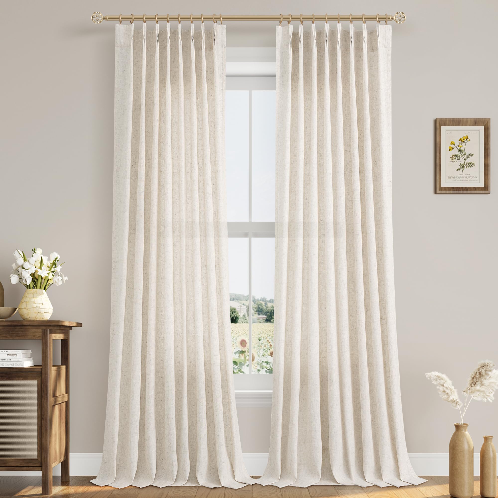 Photo 1 of Aersas Natural Pinch Pleat Linen Curtains 90 Inch Length 2 Panels Set for Bedroom Dining Room Semi Sheer Linen Boho Farmhouse Neutral Window Curtains 90 Inches Long for Living Room Nursery 50x90