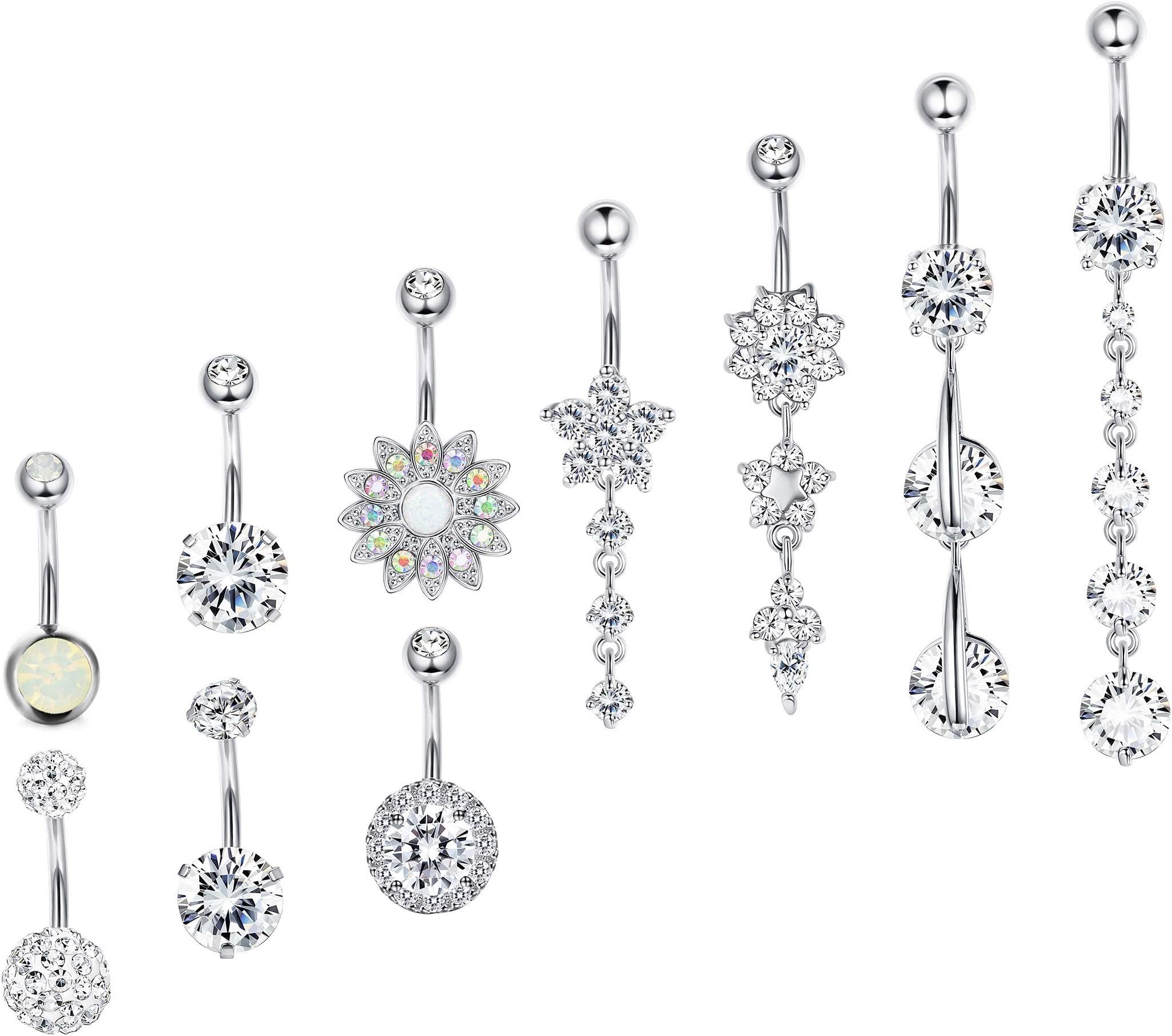 Besteel 10 Pcs 14G Stainless Steel Dangle Belly Button Rings for Women Girls Navel Rings CZ Body Piercing