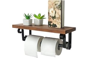 Lavievert Industrial Toilet Paper Holder, Double Roll Toilet Tissue Holder with Rustic Wood Shelf, Wall Mounted Pipe Toilet Paper Dispenser for Bathroom, Washroom, Kitchen - Brown