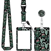 ID Badge Holder with Retractable Badge Reel Clip and Lanyard, Cute Card Name Tag Lanyard Vertical ID Protector Bage Clips for Nurse Doctor Teacher Student (Cactus)