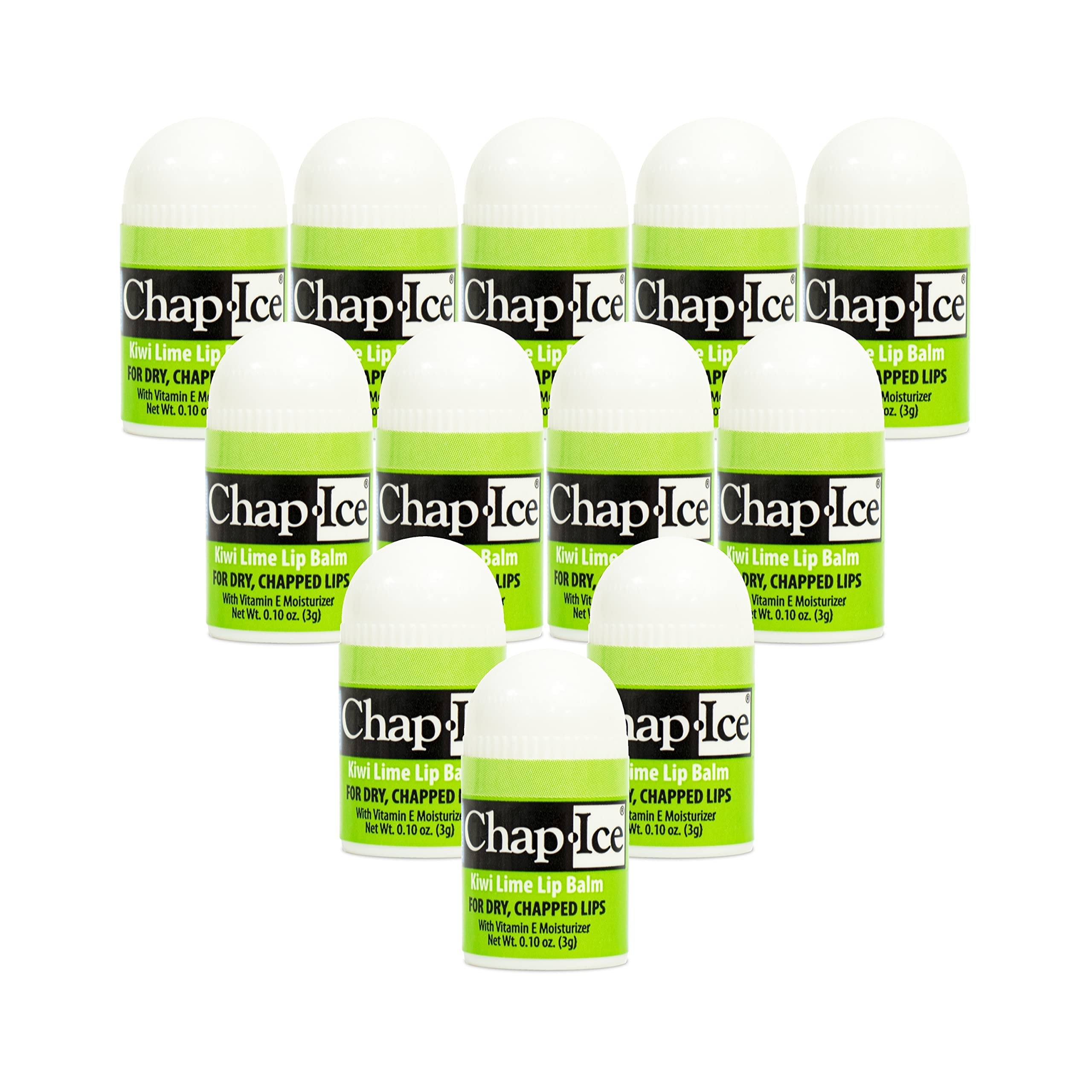 CHAP-ICE 12-Count Mini Kiwi Lime Lip Balms Fortified with Vitamin E for Dry, Cracked Lips | Made in USA | 0.10oz/3g Each