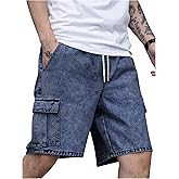 OYOANGLE Men's Drawstring Elastic Waist Flap Pocket Straight Cargo Jean Denim Shorts