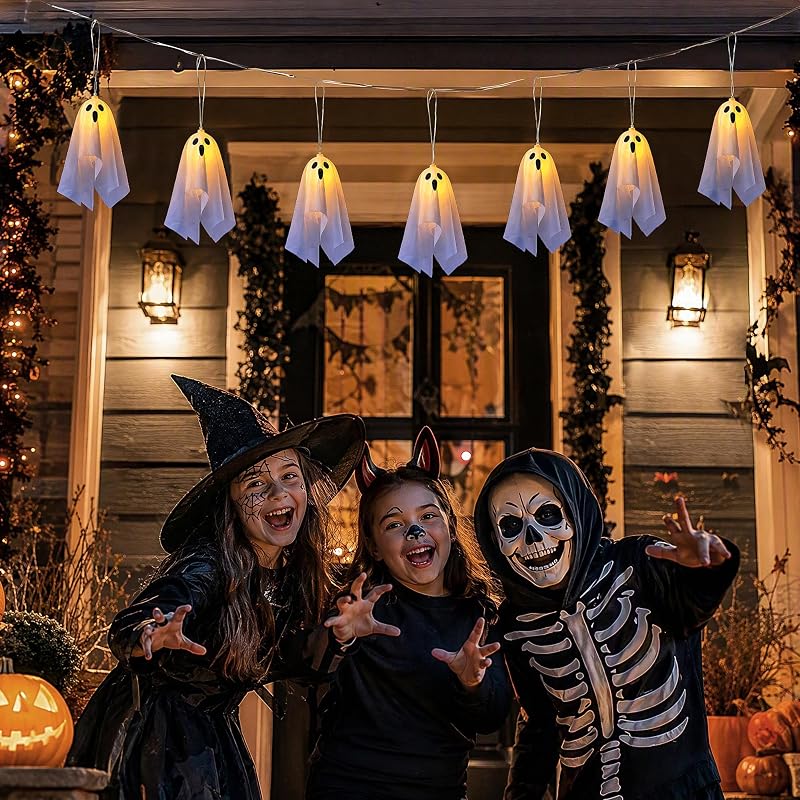 Fantôme à Suspendre Halloween, 2.75M Guirlande Lumineuse Fantôme Décoration Halloween à 8 Modes, avec Télécommande et Minuteur, Deco d'halloween à Suspendre Extèrieur à Piles pour Fête, Patio — photo 8 sur 8