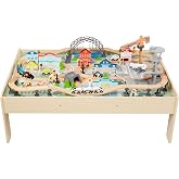 Amazon Basics 120 Piece Wooden Train Set with Activity Table, Sturdy Tracks, Storage Bin, Easy to Assemble, Kids Gift for Age 3Y+, 47.44 x 33.46 x 16.14 in
