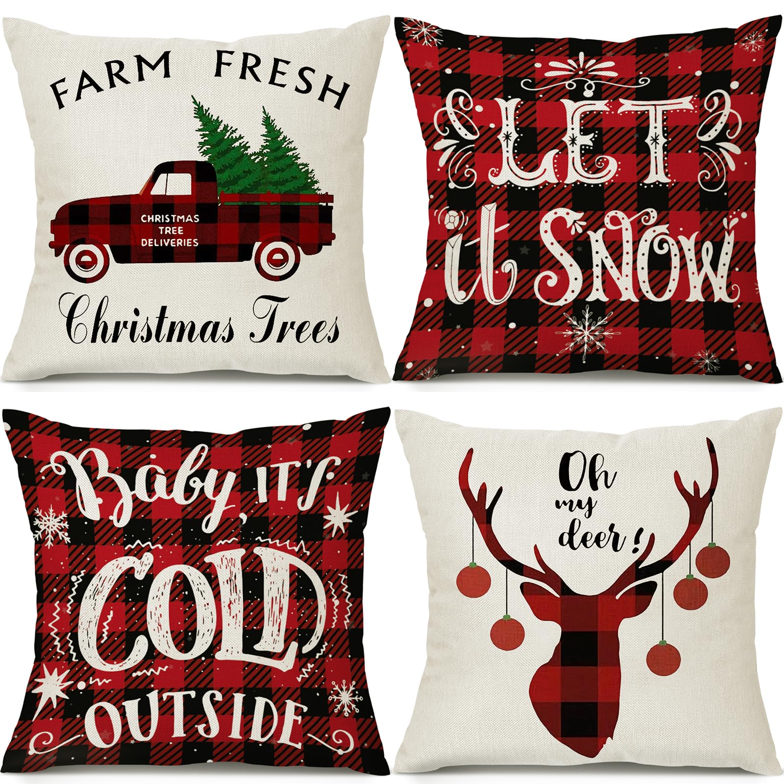 Simpkeely Christmas Cushion Covers Set of 4, Buffalo Plaid Xmas Throw Pillow Covers Red Truck Reindeer Farmhouse Winter Decorative Pillowcase Christmas Decor for Home Sofa - 45 x 45cm