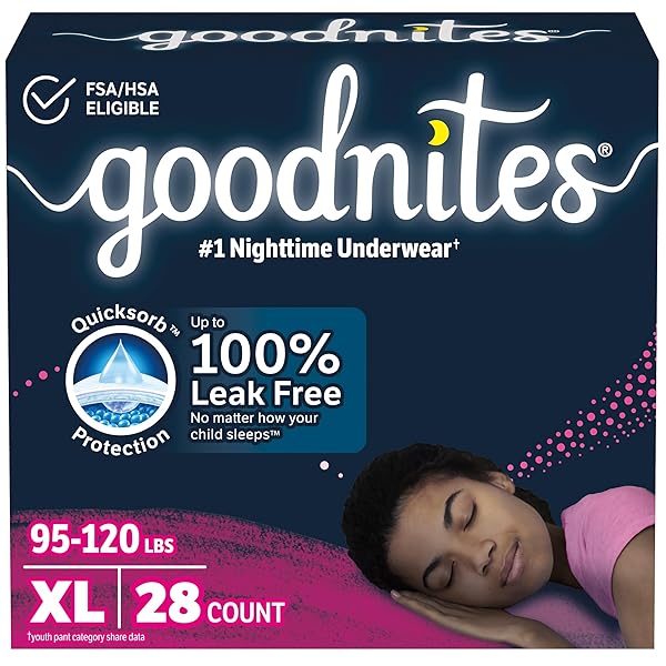 GOODNITES GIRLS’ NIGHTTIME BEDWETTING UNDERWEAR, SIZE EXTRA LARGE (95-120 LBS), 28 CT (2 PACKS OF 14), PACKAGING MAY VARY