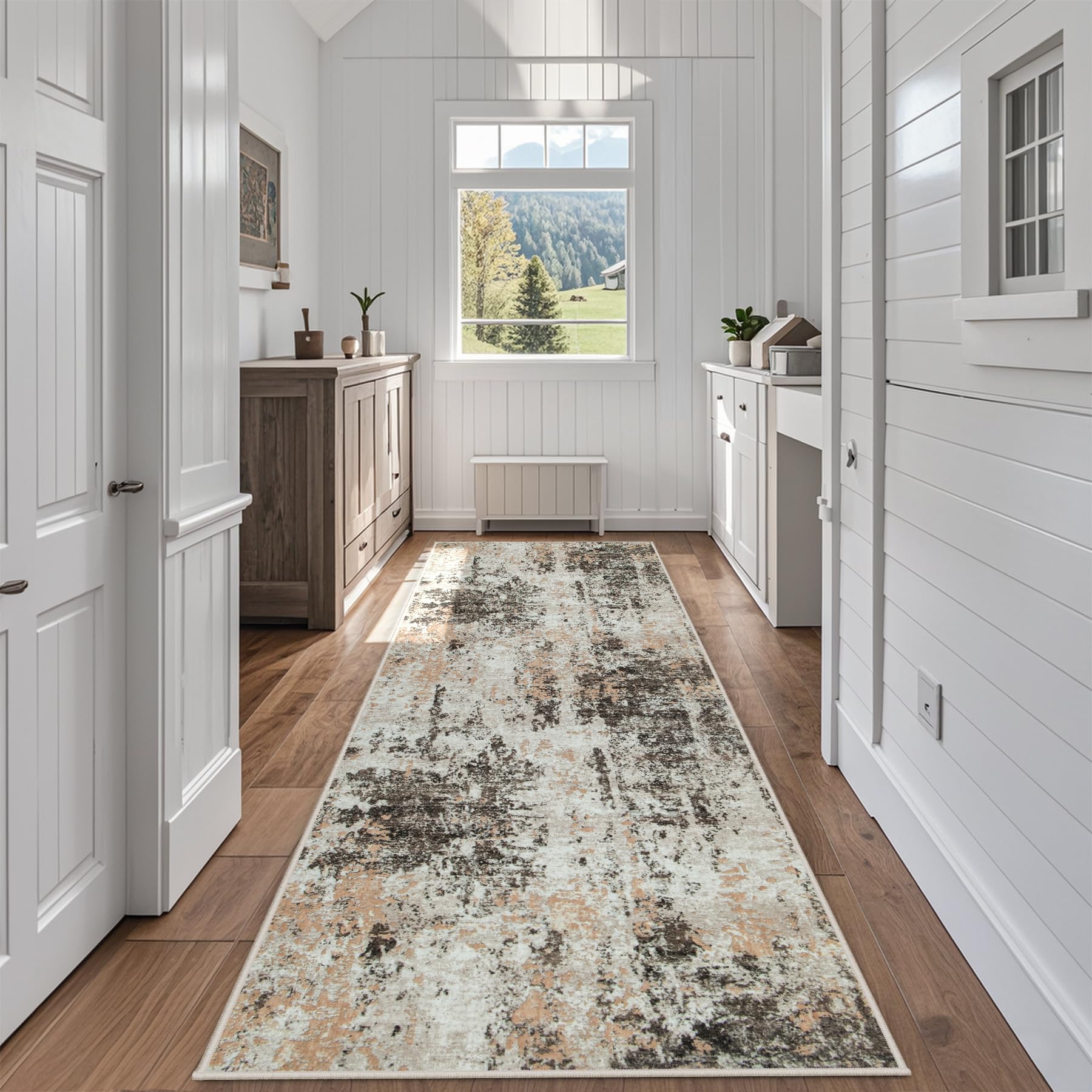 Photo 1 of Runner Rug for Hallways Kitchen 2'6"x8' Washable Non Slip: Carpet Non Skid 8ft Entryway Rubber Backed 8 Feet Neutral Abstract Modern Rug Low Pile Pet Friendly Indoor Brown Beige