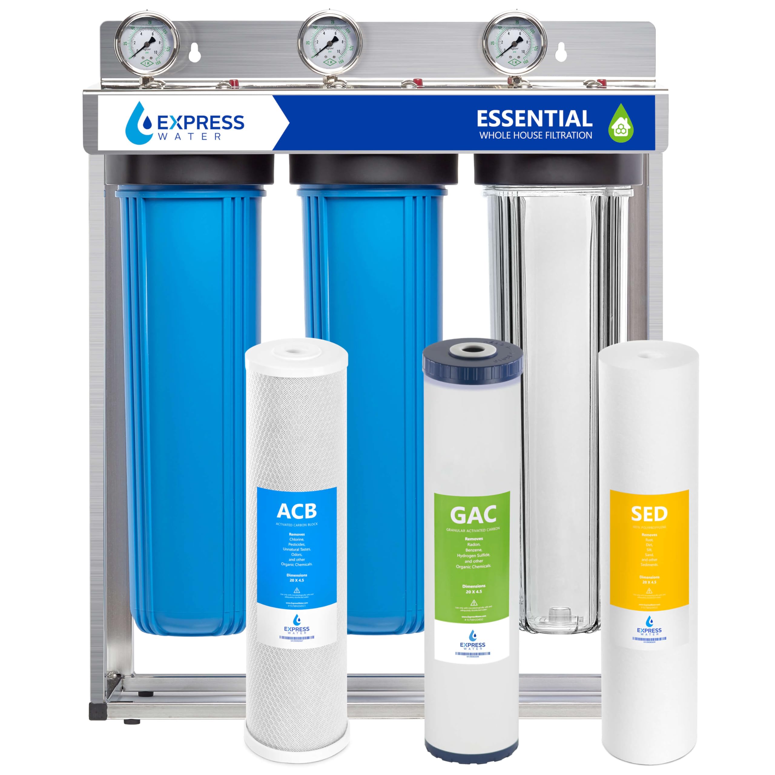 Express Water Whole House Water Filter System | ESSENTIAL | 3 Stage Whole Home Filter, Top-Tier Filters Produce Overachieving H2O, Significantly Reduces Chlorine & Sulfur Smell/Taste, Healtheir Skin Image