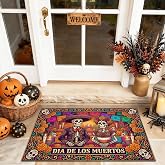 Day of The Dead Skeleton Couple Sugar Skulls Welcome Door Mat 29x17 Inch | Day Of The Dead Theme, Front Door Mat, Colorful Marigold Flowers, Festive Home Decor, Vibrant Seasonal Entrance Mat