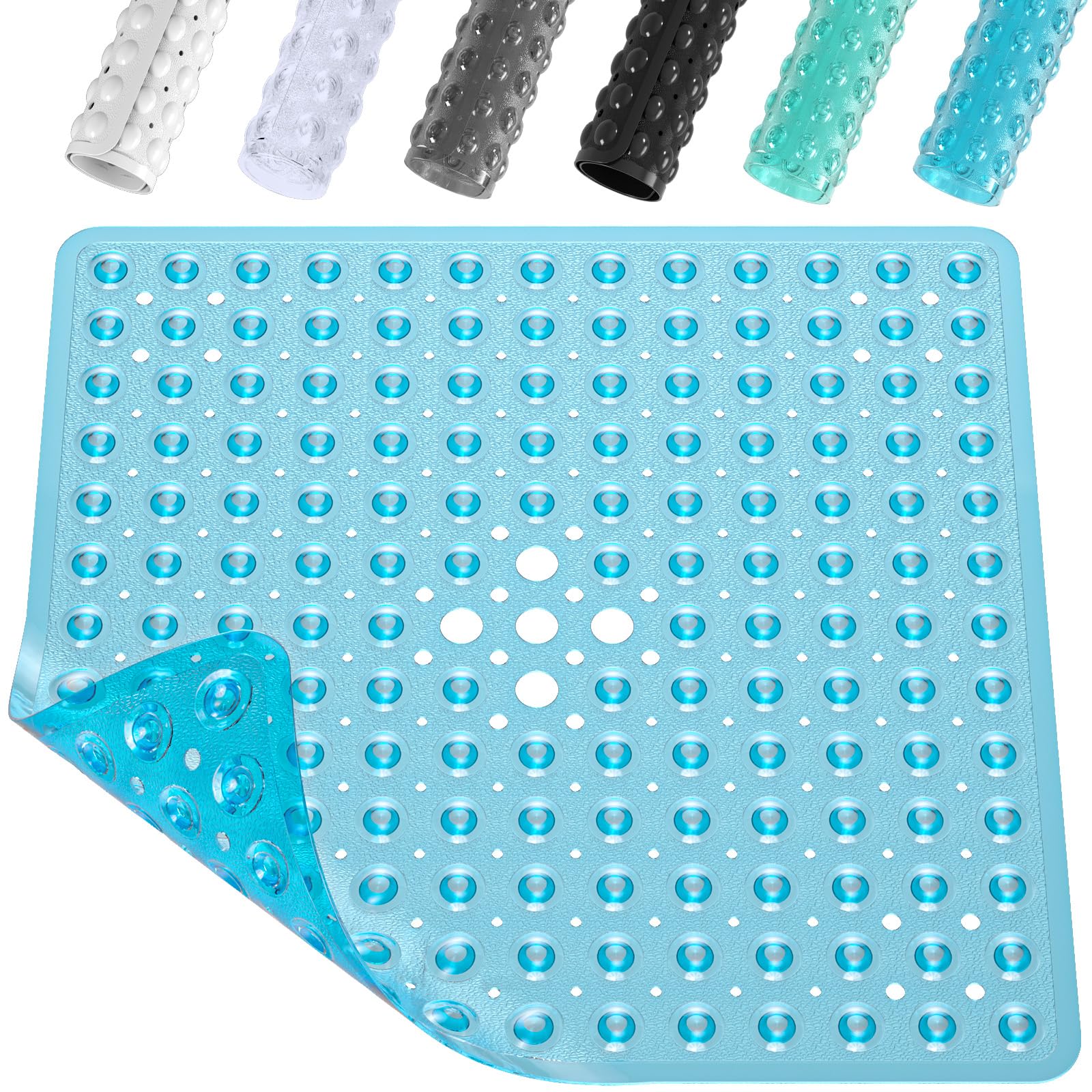 XIYUNTE Shower Mat Non Slip Anti Mould - 53 x 53cm Square Bath Mat Non Slip Shower Mats for Inside Shower, Anti Slip Shower Mat with Strong Suction Cups & Drain Holes, Machine Washable, Clear Blue