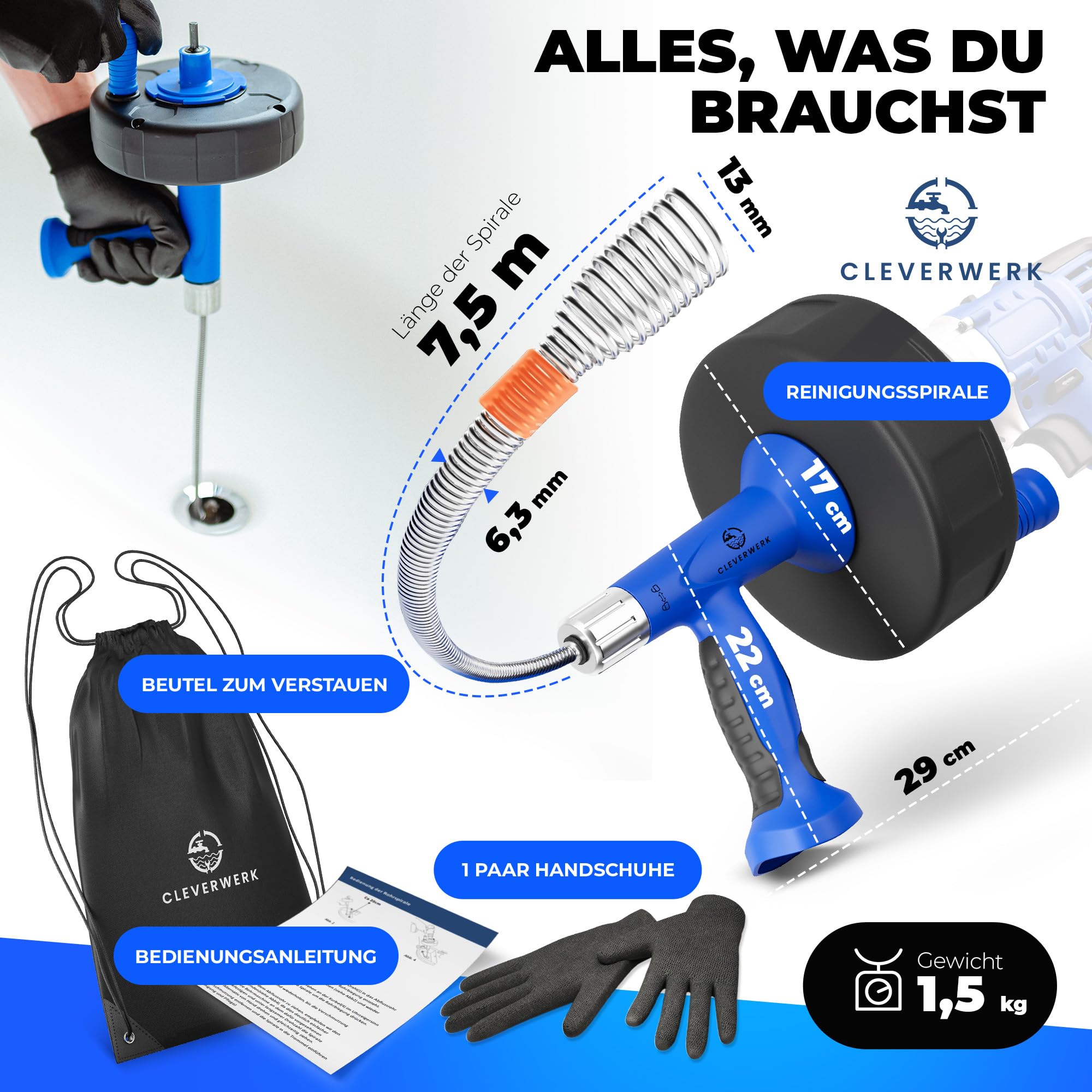 CLEVERWERK Rohrreinigungsspirale 7,5m[Spannfutter]Abflussreiniger Spirale 7