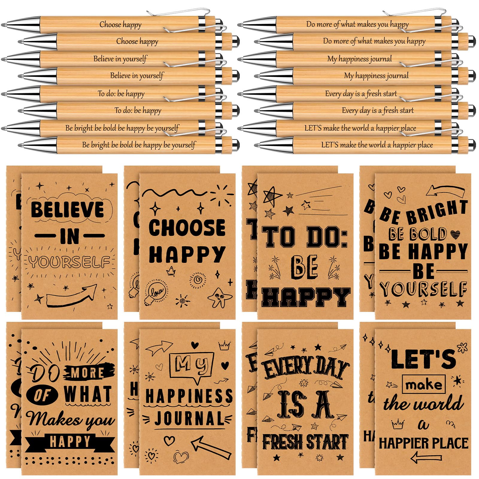 HAOWANWW 32Pack Let's Be Happy Notebooks Bulk,Lined Happiness Themed Journals for Kids Coworkers 4.92x3.14In Brown Kraft Notebook with Bamboo Retractable Ballpoint Pens Inspirational Pockets Notebook