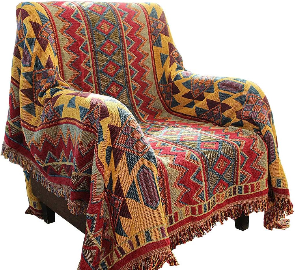 HNNSI Bohemian Cotton Woven Blanket Throw with Fringe, Reversible Sofa Towel Knitted Couch Blanket Throw for Bed Chair, Home Office Decor Tassels Blanket (35x35inch)