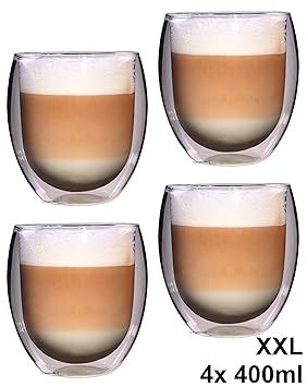 Feelino 4X 400ml Rondo XXL doppelwandiges Teeglas/Kaffeeglas, edle und extra große Thermogläser mit Schwebe-Effekt in Geschen