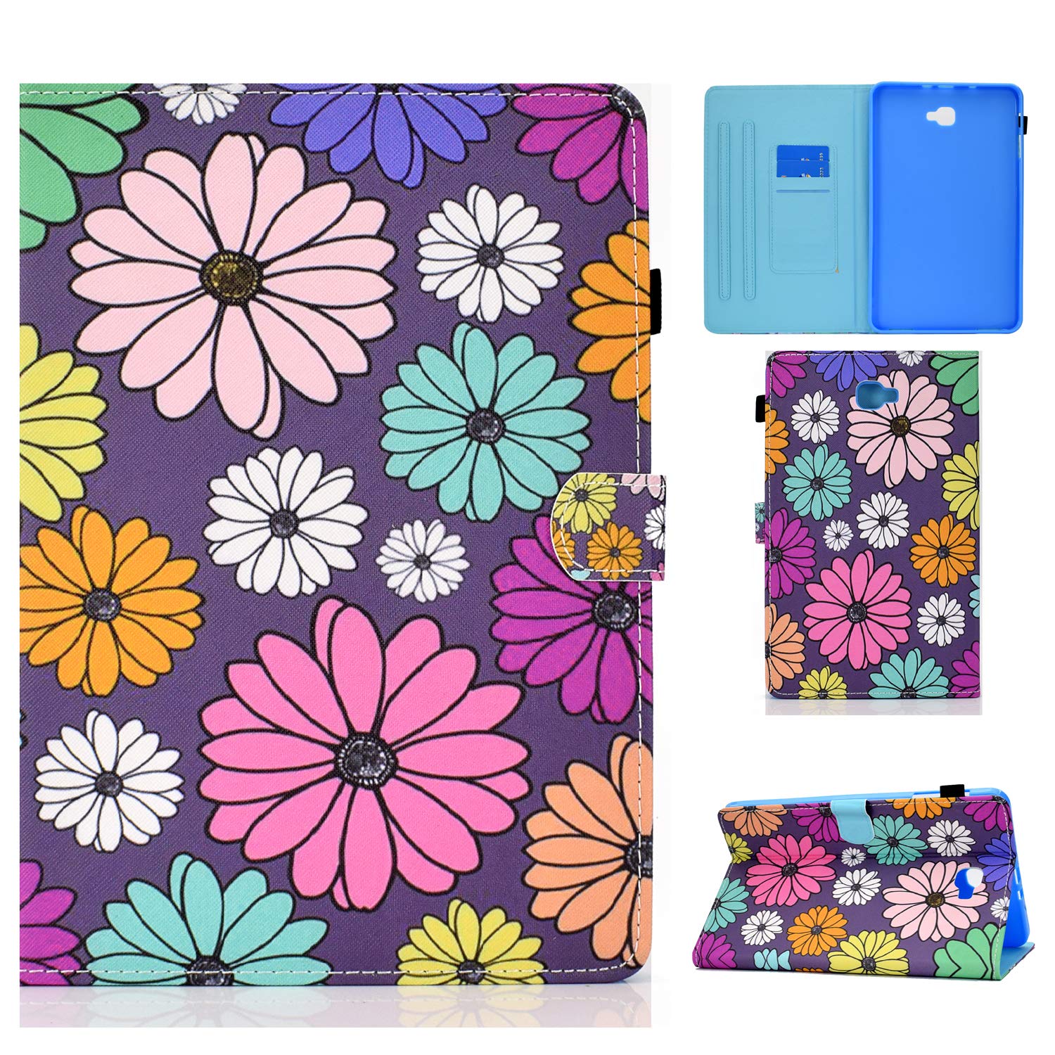 CaseFun Case for Samsung Galaxy Tab A 10.1 2016 SM-T580/SM-T585 Flower Slim PU Leather Smart Stand Cover with Auto Wake/Sleep, Pencil Holder Colorful Daisy