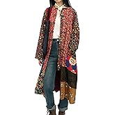 FioraMosaic Women's Cotton Linen Printed Long Jacket with Unique Patchwork Cottagecore Style Casual Spring and Autumn Wear
